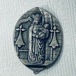 Religious Brooch Pin Virgin Mary & Child signed Planchot vintage french